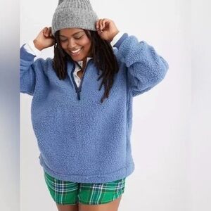 Aerie Blue Sherpa Fleece Quarter Zip Pullover Womens Large Cozy